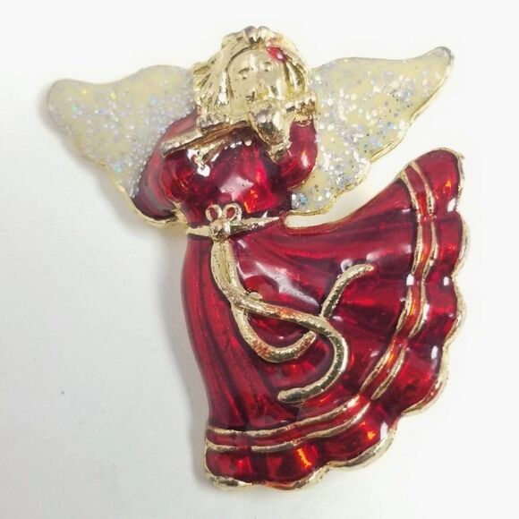 Vintage Jewelry - Vintage Angel in a Red Dress Playing a Flute Brooch, Glitter Wings Holiday Pin